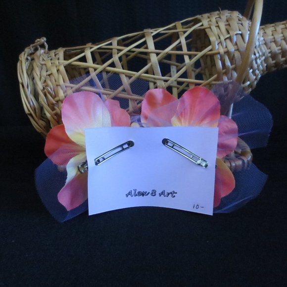 Hand Crafted Barrettes Peach Hibiscus Floral Rhinestone Tulle for Women or Girls - Picture 3 of 9